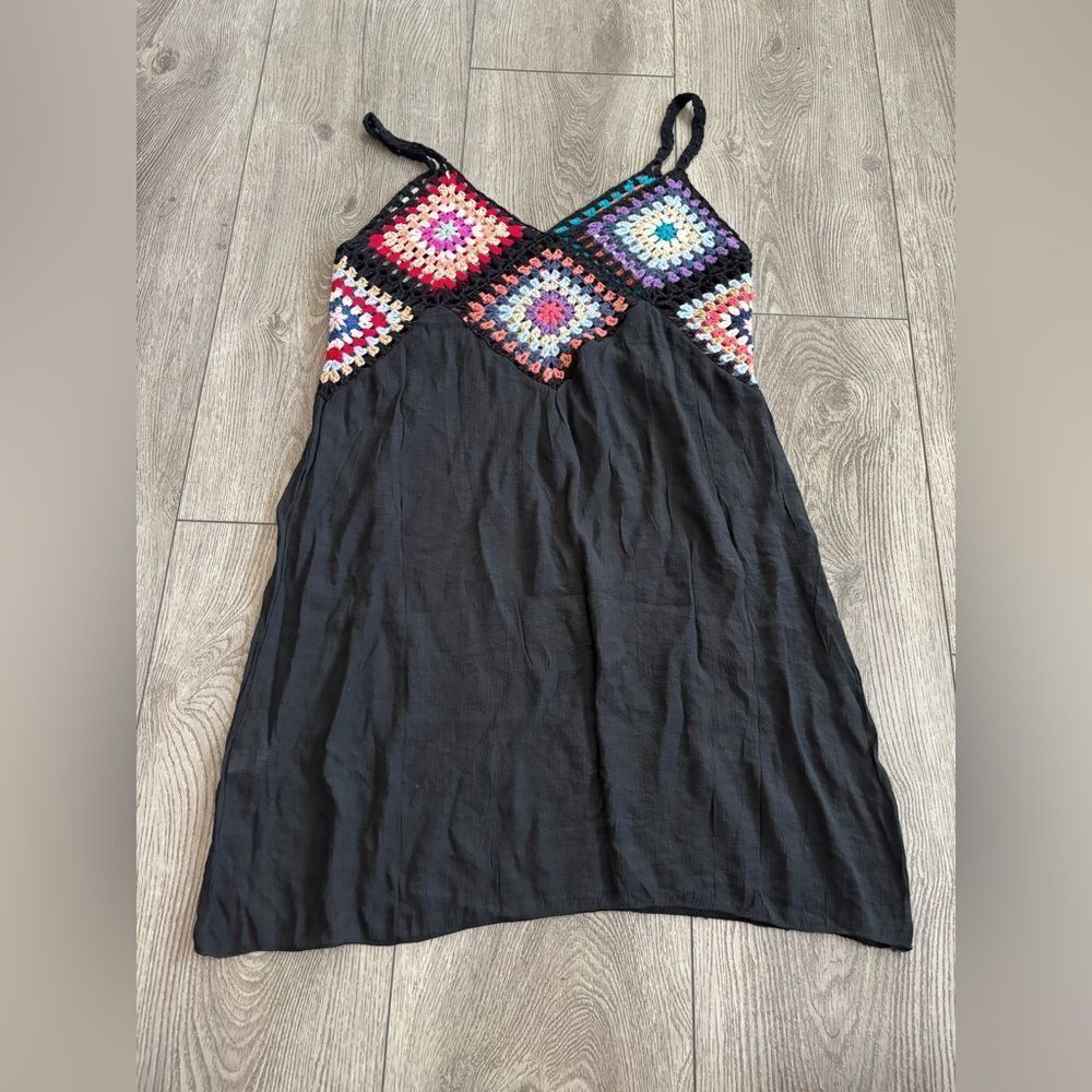 Black Dress with Colorful Crochet Detail NWOT